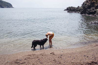 High angle view of woman with dog at beach