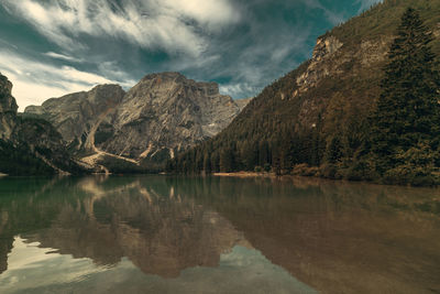 Scenic view of lake and mountains against sky