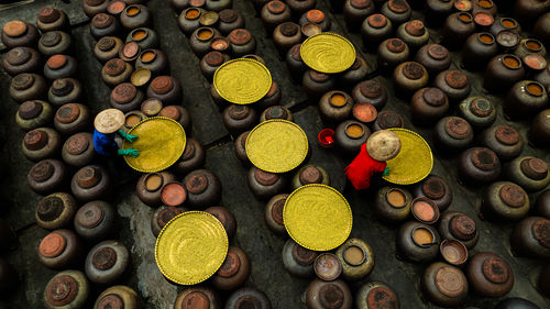 High angle view of various spices on table