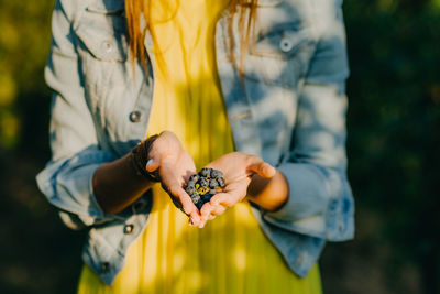 Midsection of woman holding grapes