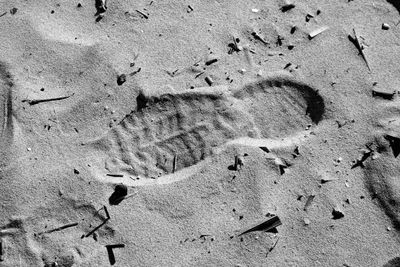 Directly above shot of footprint on sandy beach