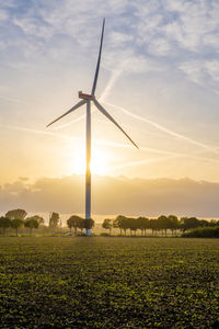 A windturbine in a field, against the sun with a row of trees and a road in the background.