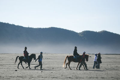 People on beach against clear sky