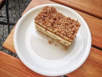 High angle view of cake in plate on table