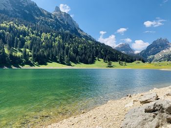 Scenic view of lake and mountains against sky