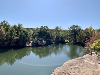 Scenic view of lake against clear blue sky
