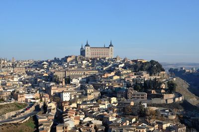 High angle view of townscape against clear sky