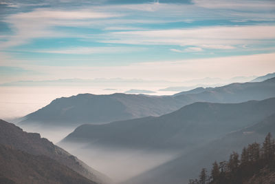 Scenic view of mountains against cloudy sky