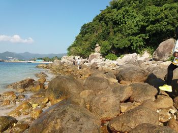 Rocks on beach against sky