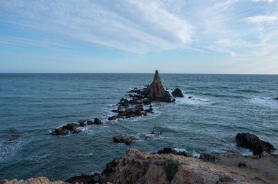 Scenic view of rocks in sea against sky