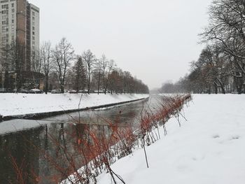 Snow covered plants by canal against sky