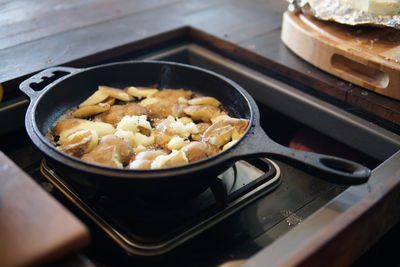 Close-up of food served in kitchen