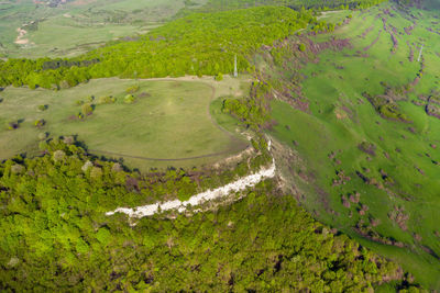 Aerial view of limestone cliffs and green forest in the spring. geological formation