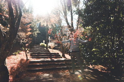 Rear view of man standing on footpath at park