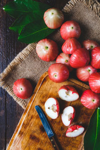 High angle view of strawberries on table