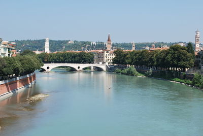 Bridge over river in city against clear sky