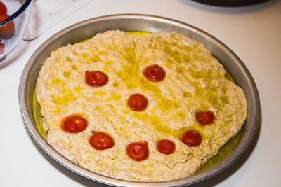 High angle view of pizza in plate