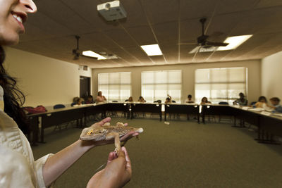 People eating food on table