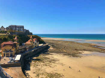 Scenic view of beach against clear blue sky