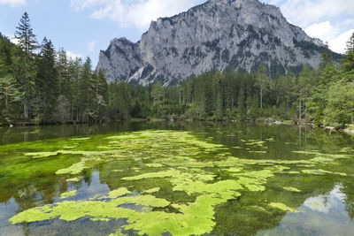 Scenic view of lake and mountains against sky