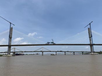 Bridge over calm river against sky