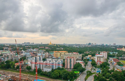 High angle view of buildings against sky