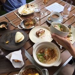 High angle view of meal served on table