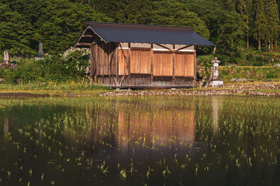 House by lake against trees and plants