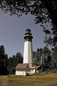 Low angle view of lighthouse on field by building against sky