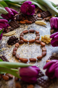 High angle view of purple flowers on table