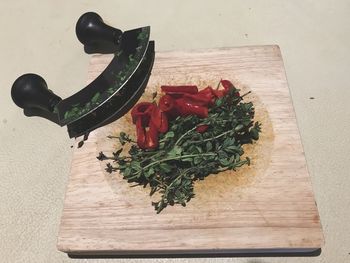 High angle view of vegetables on cutting board