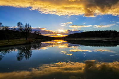 Scenic view of lake against sky at sunset