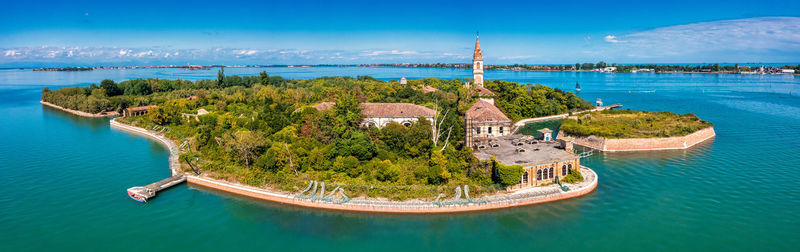 Aerial view of the plagued ghost island of poveglia in venice