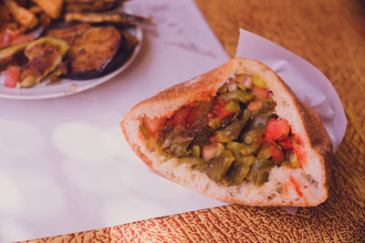 High angle view of food in plate on table