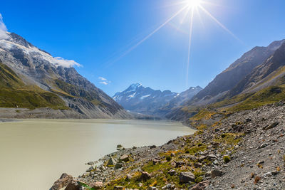 Scenic view of lake and mountains against sky