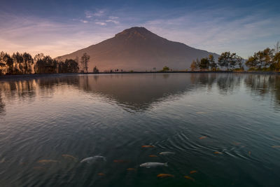 Scenic view of lake and mountain against sky during sunset