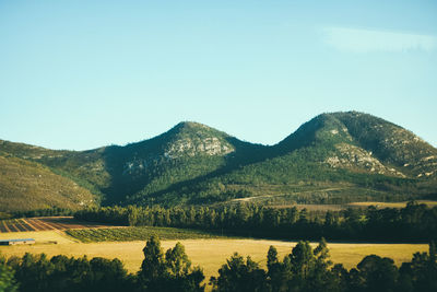 Scenic view of landscape and mountains against clear sky