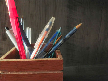 Close-up of colored pencils on table