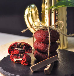 High angle view of strawberries in container on table