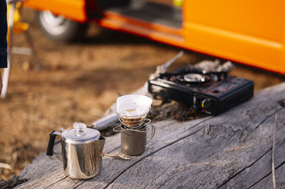 High angle view of old vintage car on table