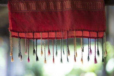 Close-up of clothes hanging on wood