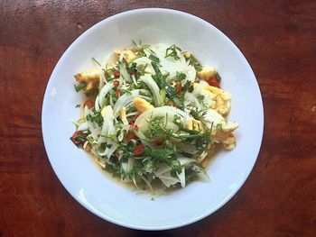 High angle view of salad in plate on table