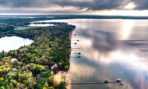 High angle view of bay against sky
