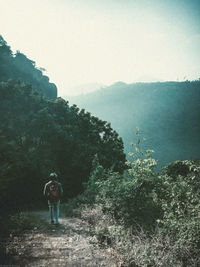 Rear view of man on landscape against sky