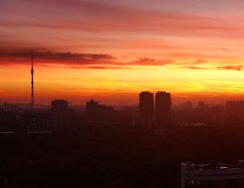 Silhouette buildings against sky during sunset