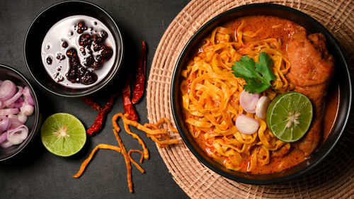 High angle view of food in plate on table