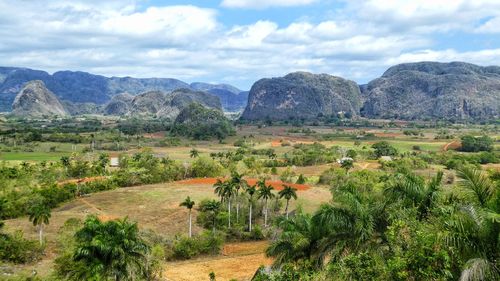 Scenic view of landscapes of viñales, cuba with mogotes mountainrange - unesco world heritage