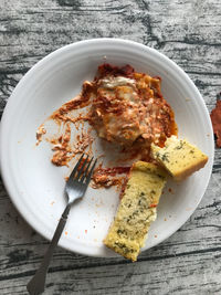 High angle view of food in plate on table