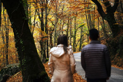 Rear view of friends walking in forest during autumn
