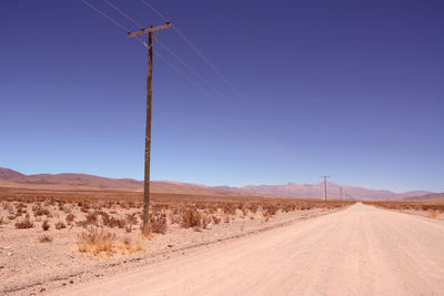 Road amidst desert against clear blue sky